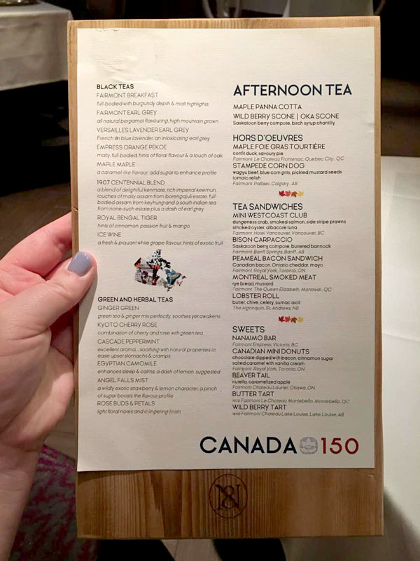 High tea menu at Fairmont Vancouver