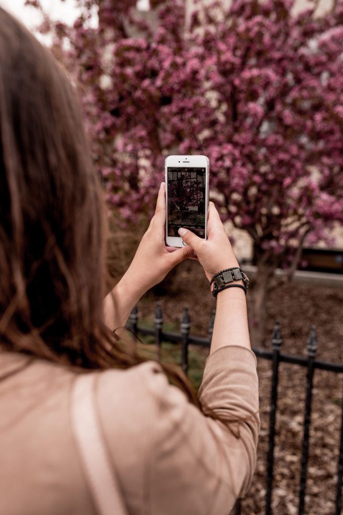 Girl taking picture of a tree on her cell phone